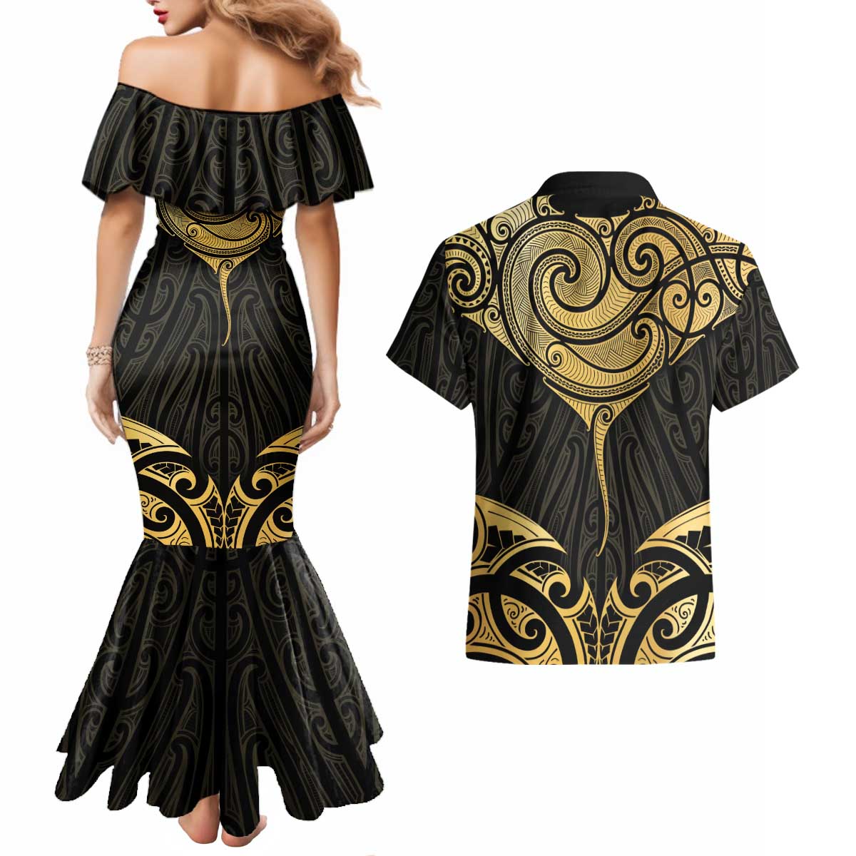 Gold Black New Zealand Manta Ray Couples Matching Mermaid Dress and Hawaiian Shirt Aotearoa Maori Haehae - Aussie Hoodie