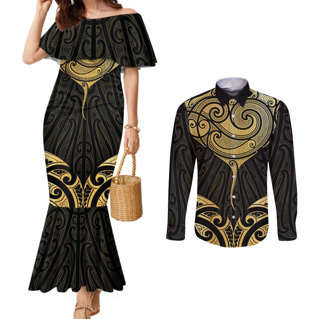 Gold Black New Zealand Manta Ray Couples Matching Mermaid Dress and Long Sleeve Button Shirt Aotearoa Maori Haehae - Aussie Hoodie
