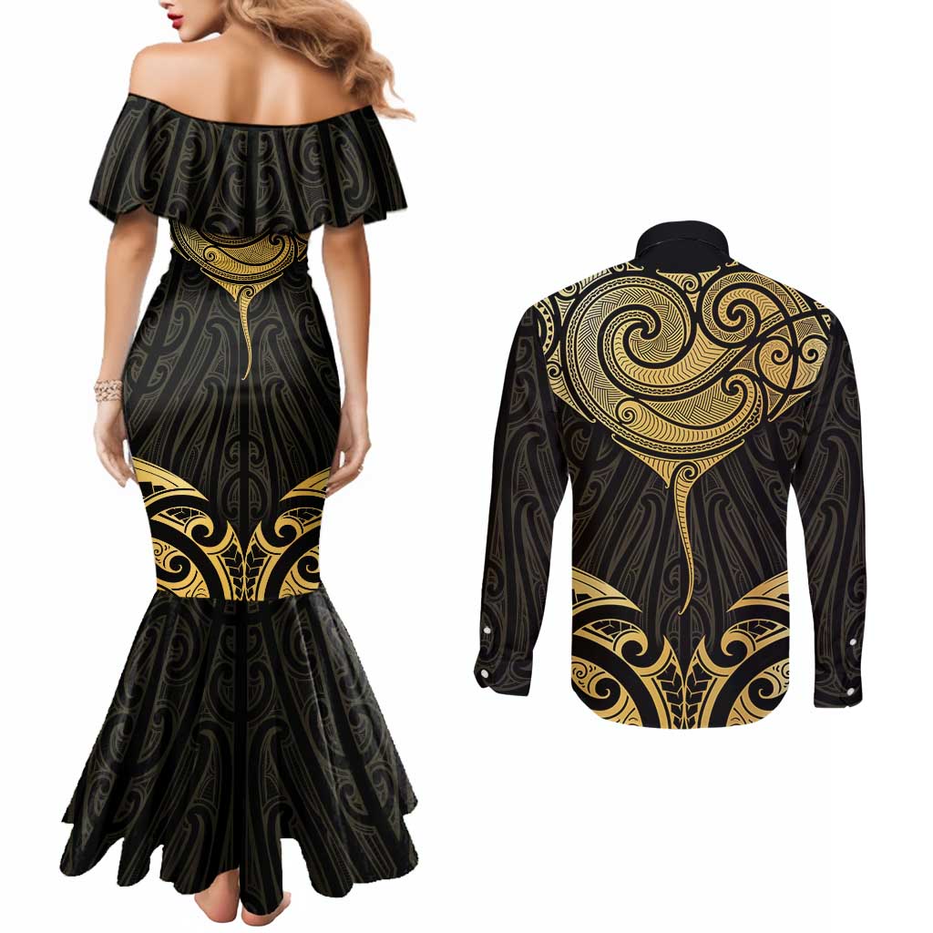 Gold Black New Zealand Manta Ray Couples Matching Mermaid Dress and Long Sleeve Button Shirt Aotearoa Maori Haehae - Aussie Hoodie