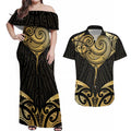 Gold Black New Zealand Manta Ray Couples Matching Off Shoulder Maxi Dress and Hawaiian Shirt Aotearoa Maori Haehae - Aussie Hoodie