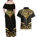 Gold Black New Zealand Manta Ray Couples Matching Off Shoulder Maxi Dress and Hawaiian Shirt Aotearoa Maori Haehae - Aussie Hoodie
