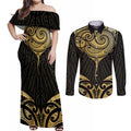 Gold Black New Zealand Manta Ray Couples Matching Off Shoulder Maxi Dress and Long Sleeve Button Shirt Aotearoa Maori Haehae - Aussie Hoodie