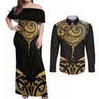Gold Black New Zealand Manta Ray Couples Matching Off Shoulder Maxi Dress and Long Sleeve Button Shirt Aotearoa Maori Haehae - Aussie Hoodie