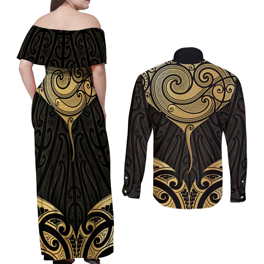 Gold Black New Zealand Manta Ray Couples Matching Off Shoulder Maxi Dress and Long Sleeve Button Shirt Aotearoa Maori Haehae - Aussie Hoodie
