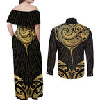 Gold Black New Zealand Manta Ray Couples Matching Off Shoulder Maxi Dress and Long Sleeve Button Shirt Aotearoa Maori Haehae - Aussie Hoodie