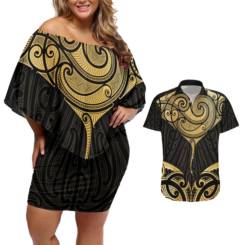 Gold Black New Zealand Manta Ray Couples Matching Off Shoulder Short Dress and Hawaiian Shirt Aotearoa Maori Haehae - Aussie Hoodie