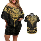 Gold Black New Zealand Manta Ray Couples Matching Off Shoulder Short Dress and Hawaiian Shirt Aotearoa Maori Haehae - Aussie Hoodie