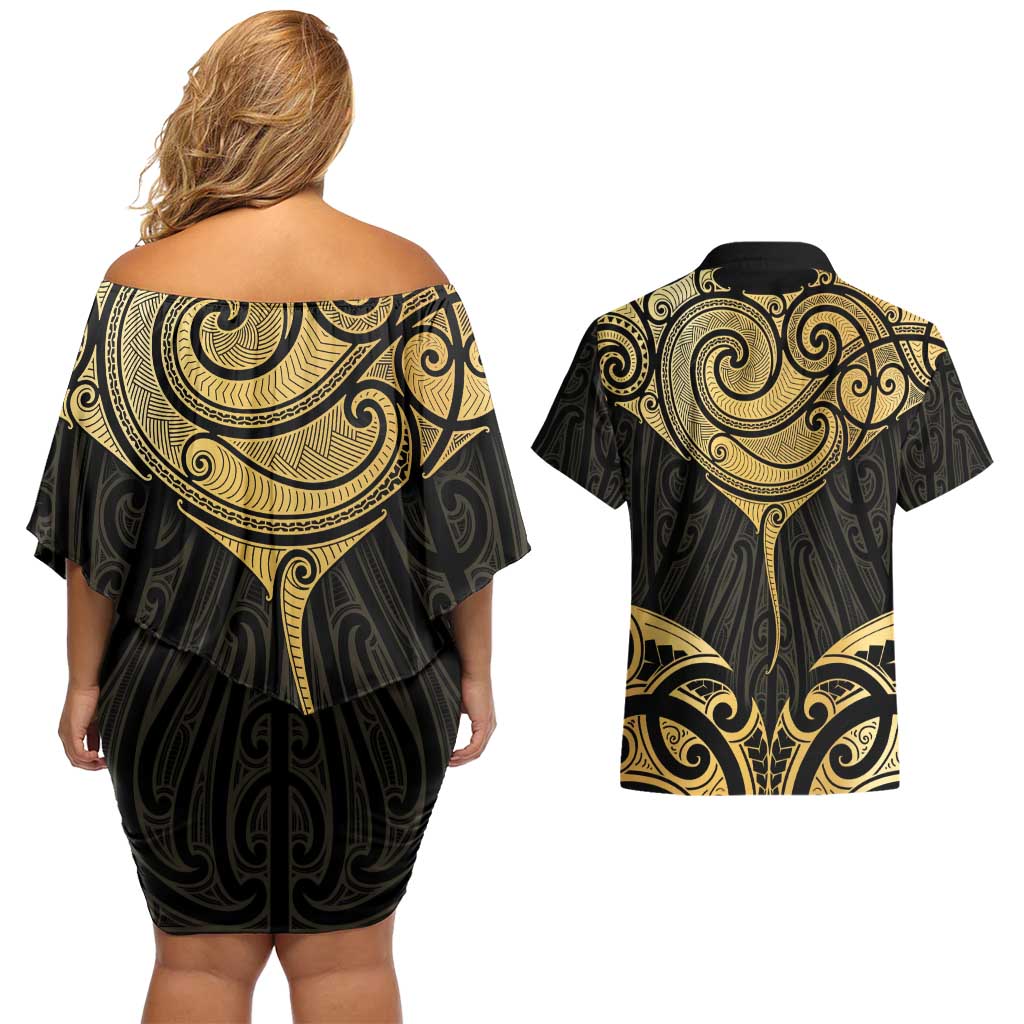 Gold Black New Zealand Manta Ray Couples Matching Off Shoulder Short Dress and Hawaiian Shirt Aotearoa Maori Haehae - Aussie Hoodie