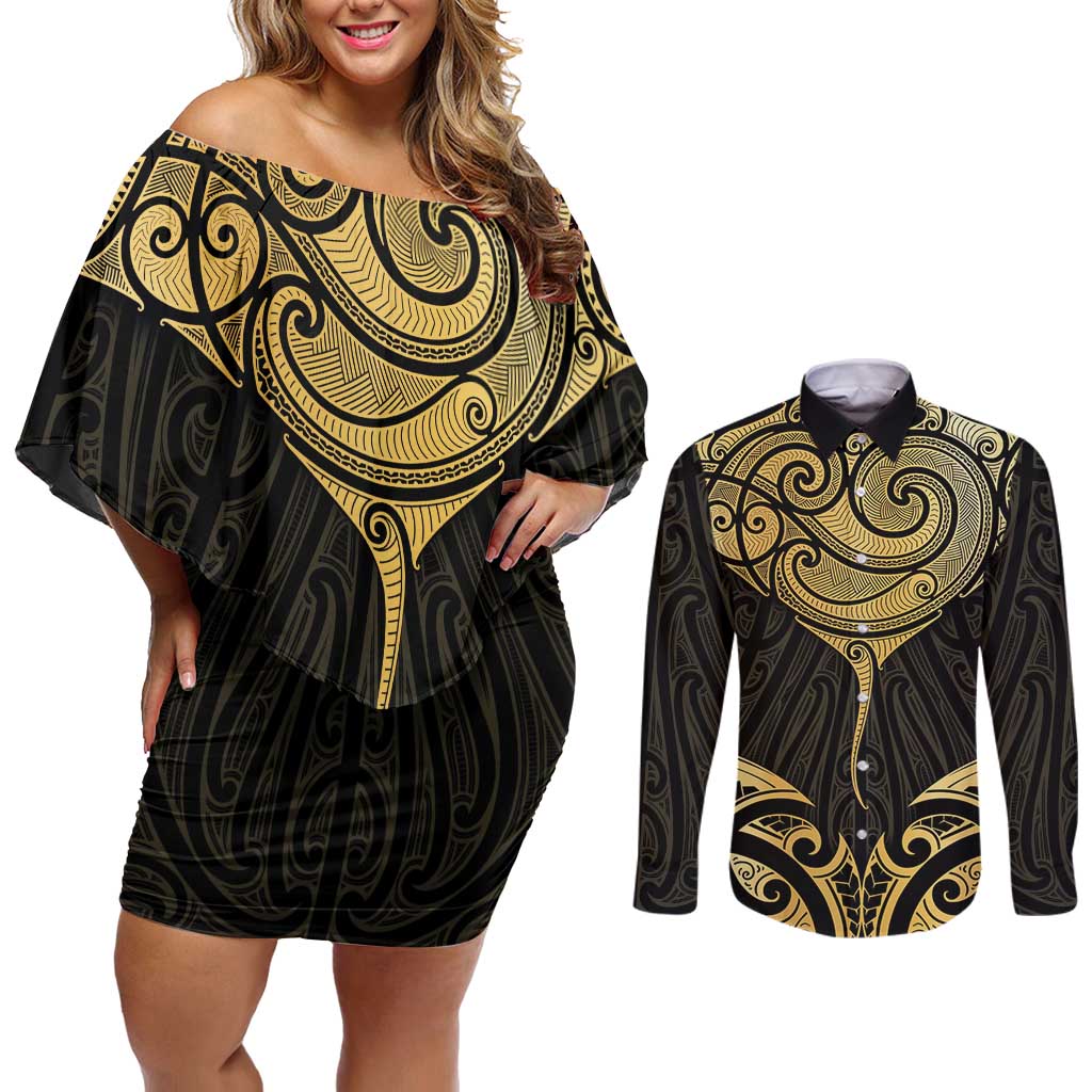 Gold Black New Zealand Manta Ray Couples Matching Off Shoulder Short Dress and Long Sleeve Button Shirt Aotearoa Maori Haehae - Aussie Hoodie