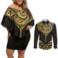 Gold Black New Zealand Manta Ray Couples Matching Off Shoulder Short Dress and Long Sleeve Button Shirt Aotearoa Maori Haehae - Aussie Hoodie