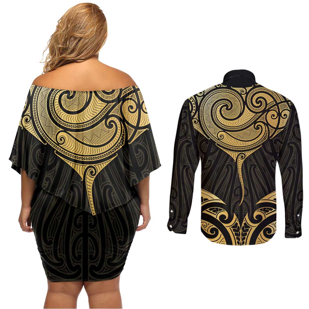 Gold Black New Zealand Manta Ray Couples Matching Off Shoulder Short Dress and Long Sleeve Button Shirt Aotearoa Maori Haehae - Aussie Hoodie