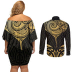 Gold Black New Zealand Manta Ray Couples Matching Off Shoulder Short Dress and Long Sleeve Button Shirt Aotearoa Maori Haehae - Aussie Hoodie