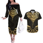 Gold Black New Zealand Manta Ray Couples Matching Off The Shoulder Long Sleeve Dress and Hawaiian Shirt Aotearoa Maori Haehae - Aussie Hoodie