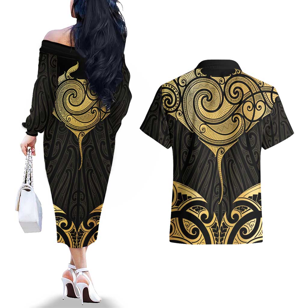 Gold Black New Zealand Manta Ray Couples Matching Off The Shoulder Long Sleeve Dress and Hawaiian Shirt Aotearoa Maori Haehae - Aussie Hoodie
