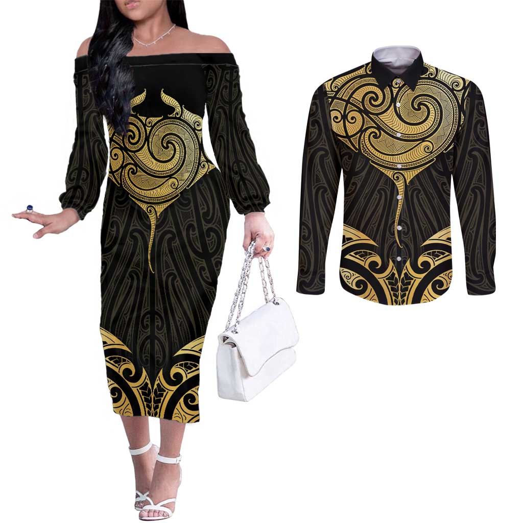 Gold Black New Zealand Manta Ray Couples Matching Off The Shoulder Long Sleeve Dress and Long Sleeve Button Shirt Aotearoa Maori Haehae - Aussie Hoodie