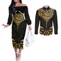 Gold Black New Zealand Manta Ray Couples Matching Off The Shoulder Long Sleeve Dress and Long Sleeve Button Shirt Aotearoa Maori Haehae - Aussie Hoodie