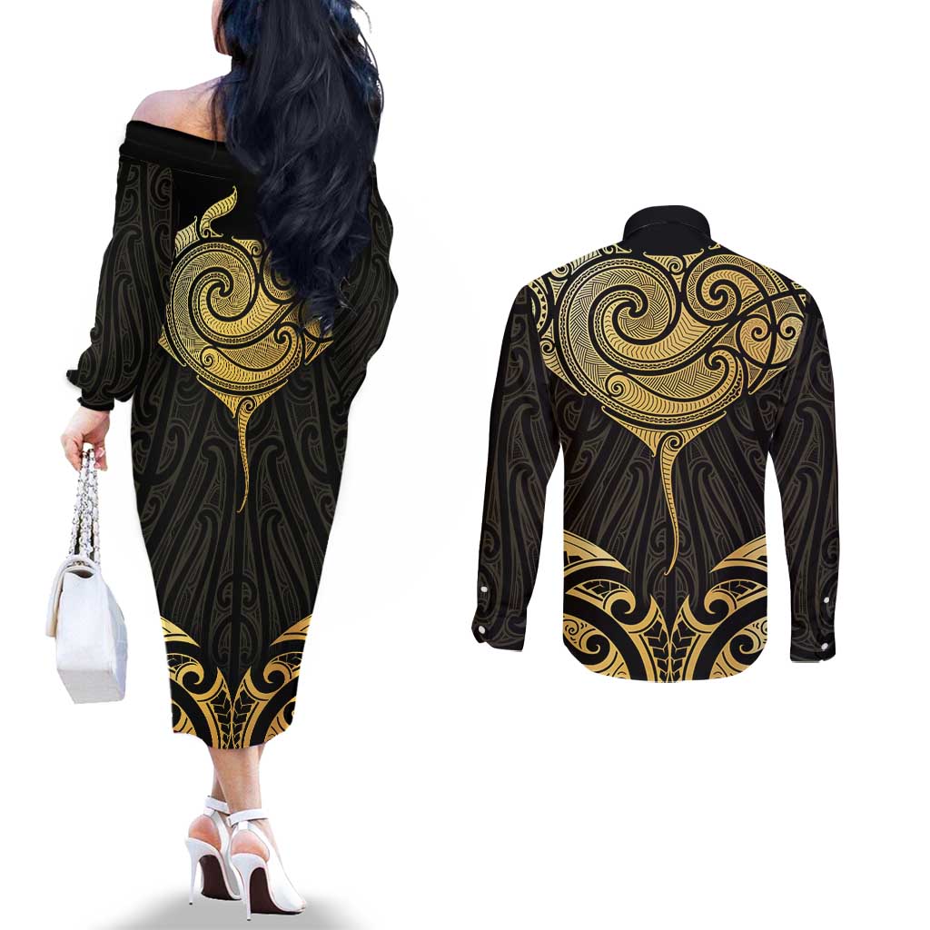Gold Black New Zealand Manta Ray Couples Matching Off The Shoulder Long Sleeve Dress and Long Sleeve Button Shirt Aotearoa Maori Haehae - Aussie Hoodie