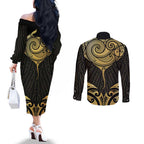 Gold Black New Zealand Manta Ray Couples Matching Off The Shoulder Long Sleeve Dress and Long Sleeve Button Shirt Aotearoa Maori Haehae - Aussie Hoodie