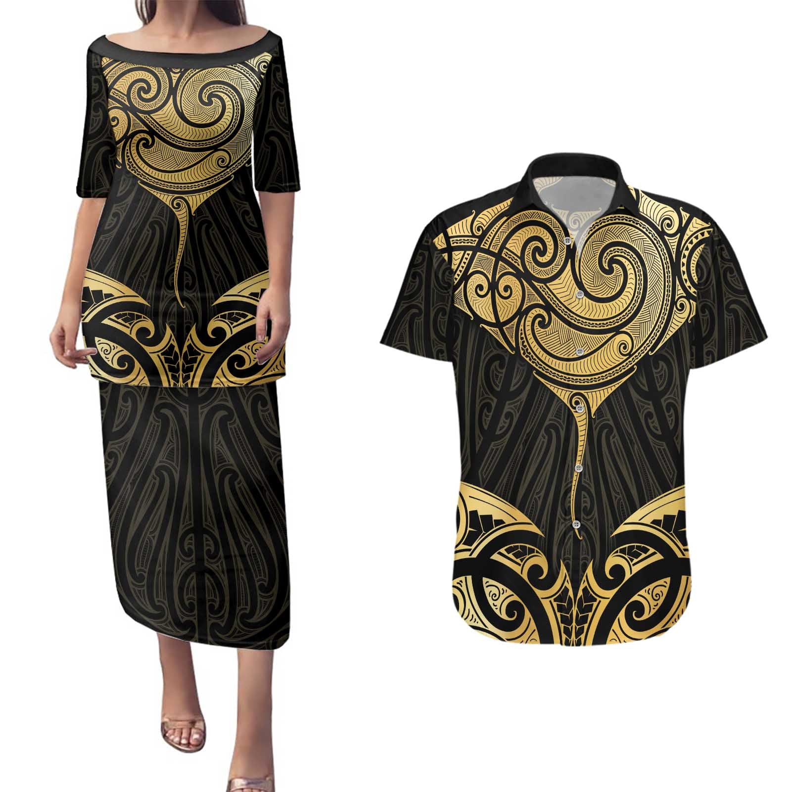 Gold Black New Zealand Manta Ray Couples Matching Puletasi and Hawaiian Shirt Aotearoa Maori Haehae - Aussie Hoodie