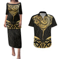 Gold Black New Zealand Manta Ray Couples Matching Puletasi and Hawaiian Shirt Aotearoa Maori Haehae - Aussie Hoodie