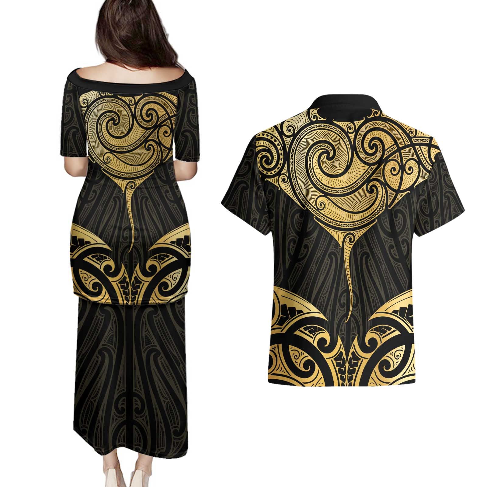 Gold Black New Zealand Manta Ray Couples Matching Puletasi and Hawaiian Shirt Aotearoa Maori Haehae - Aussie Hoodie