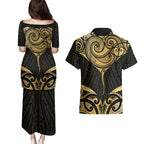 Gold Black New Zealand Manta Ray Couples Matching Puletasi and Hawaiian Shirt Aotearoa Maori Haehae - Aussie Hoodie
