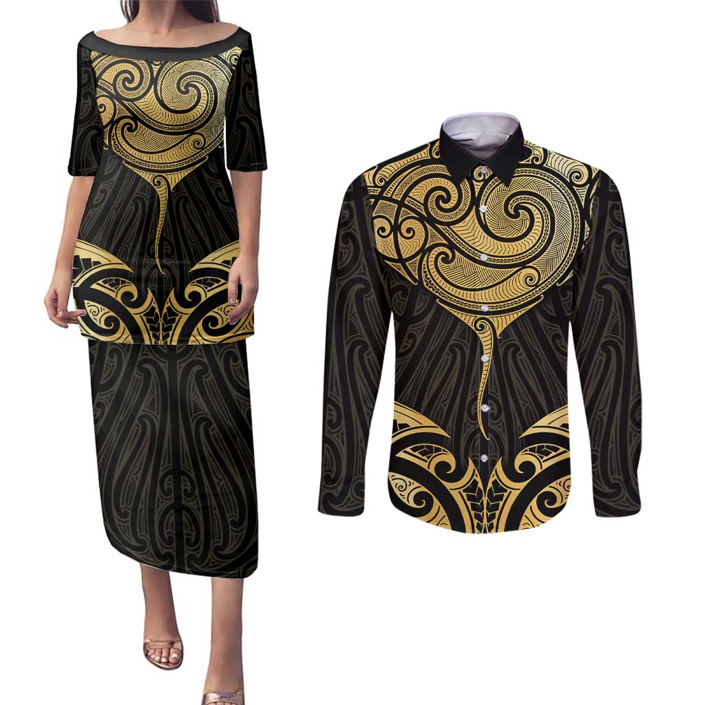 Gold Black New Zealand Manta Ray Couples Matching Puletasi and Long Sleeve Button Shirt Aotearoa Maori Haehae - Aussie Hoodie