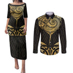 Gold Black New Zealand Manta Ray Couples Matching Puletasi and Long Sleeve Button Shirt Aotearoa Maori Haehae - Aussie Hoodie