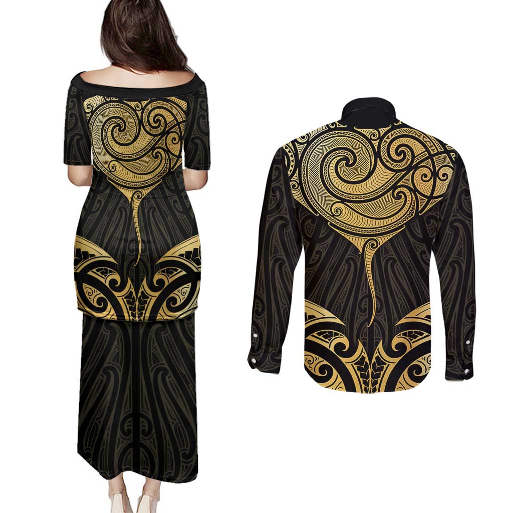 Gold Black New Zealand Manta Ray Couples Matching Puletasi and Long Sleeve Button Shirt Aotearoa Maori Haehae - Aussie Hoodie