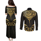 Gold Black New Zealand Manta Ray Couples Matching Puletasi and Long Sleeve Button Shirt Aotearoa Maori Haehae - Aussie Hoodie