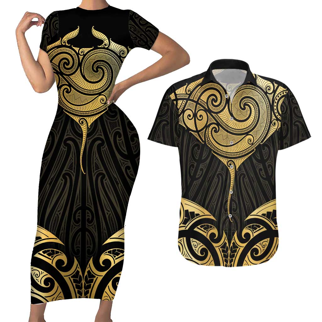 Gold Black New Zealand Manta Ray Couples Matching Short Sleeve Bodycon Dress and Hawaiian Shirt Aotearoa Maori Haehae - Aussie Hoodie