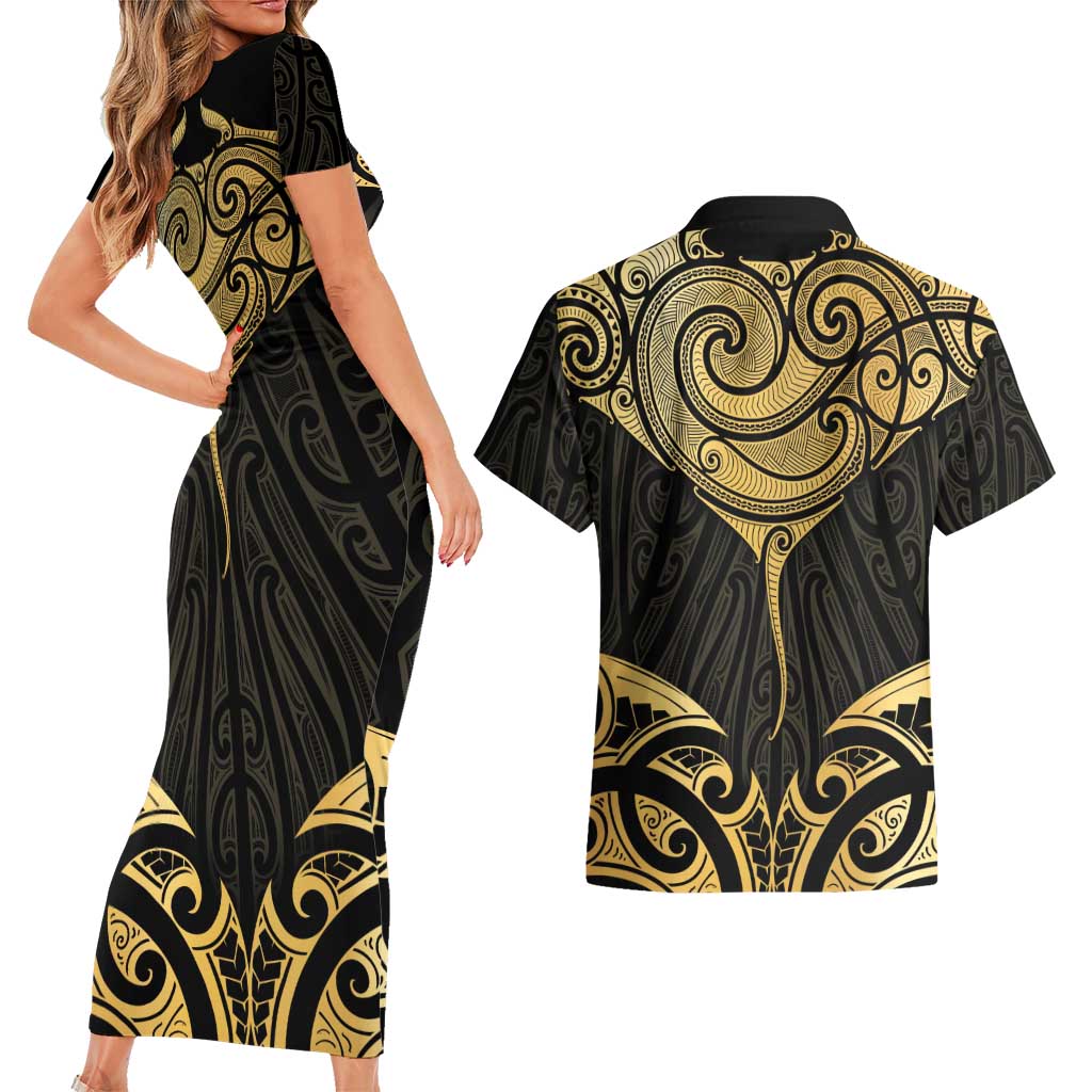 Gold Black New Zealand Manta Ray Couples Matching Short Sleeve Bodycon Dress and Hawaiian Shirt Aotearoa Maori Haehae - Aussie Hoodie