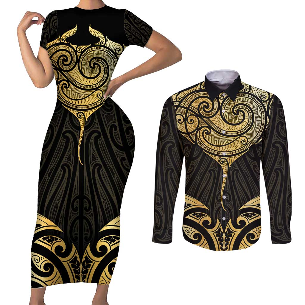 Gold Black New Zealand Manta Ray Couples Matching Short Sleeve Bodycon Dress and Long Sleeve Button Shirt Aotearoa Maori Haehae - Aussie Hoodie