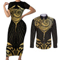 Gold Black New Zealand Manta Ray Couples Matching Short Sleeve Bodycon Dress and Long Sleeve Button Shirt Aotearoa Maori Haehae - Aussie Hoodie