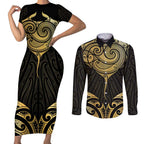 Gold Black New Zealand Manta Ray Couples Matching Short Sleeve Bodycon Dress and Long Sleeve Button Shirt Aotearoa Maori Haehae - Aussie Hoodie