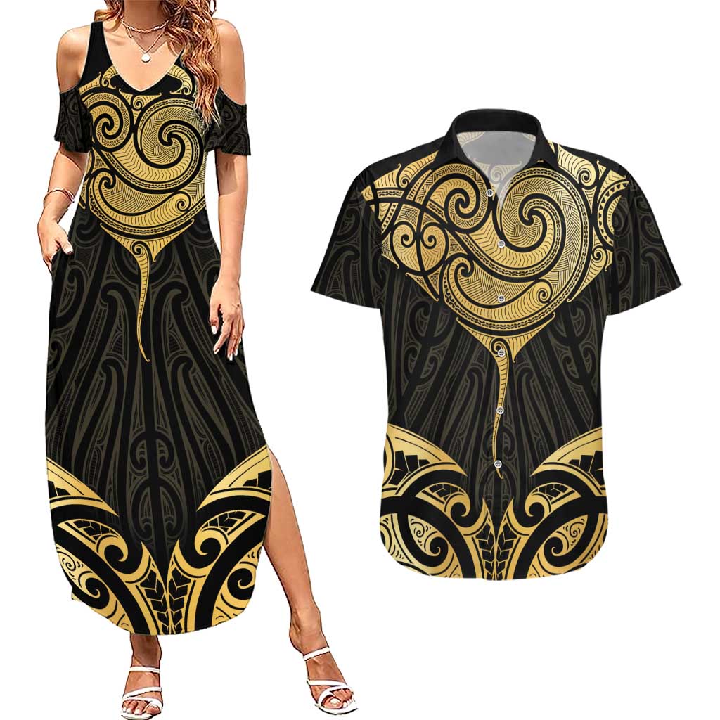 Gold Black New Zealand Manta Ray Couples Matching Summer Maxi Dress and Hawaiian Shirt Aotearoa Maori Haehae - Aussie Hoodie