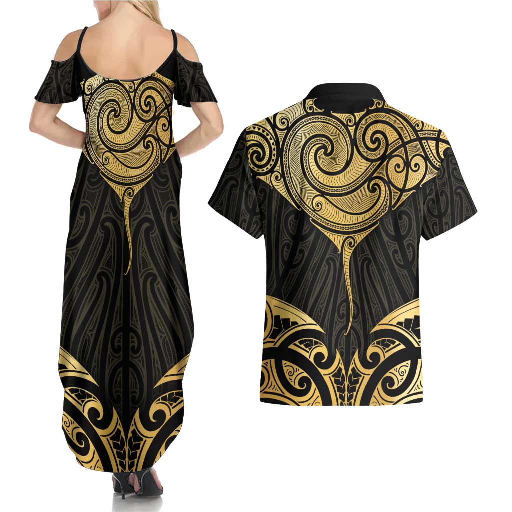 Gold Black New Zealand Manta Ray Couples Matching Summer Maxi Dress and Hawaiian Shirt Aotearoa Maori Haehae - Aussie Hoodie
