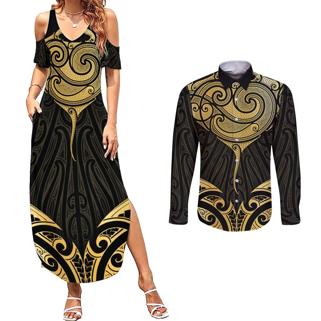 Gold Black New Zealand Manta Ray Couples Matching Summer Maxi Dress and Long Sleeve Button Shirt Aotearoa Maori Haehae - Aussie Hoodie