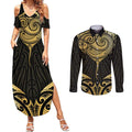 Gold Black New Zealand Manta Ray Couples Matching Summer Maxi Dress and Long Sleeve Button Shirt Aotearoa Maori Haehae - Aussie Hoodie
