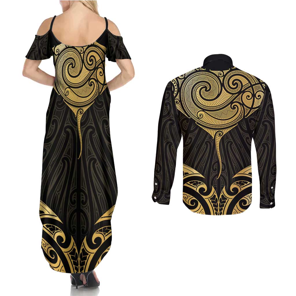 Gold Black New Zealand Manta Ray Couples Matching Summer Maxi Dress and Long Sleeve Button Shirt Aotearoa Maori Haehae - Aussie Hoodie