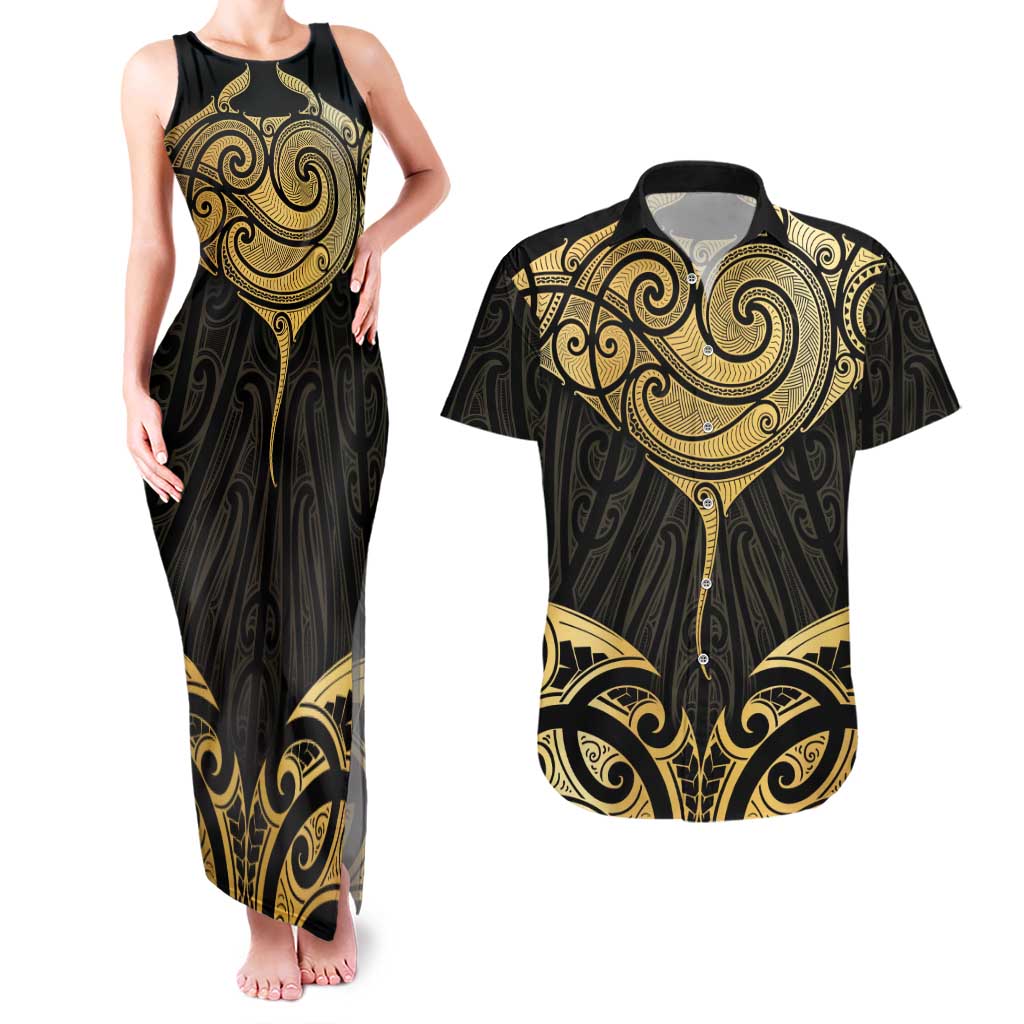 Gold Black New Zealand Manta Ray Couples Matching Tank Maxi Dress and Hawaiian Shirt Aotearoa Maori Haehae - Aussie Hoodie
