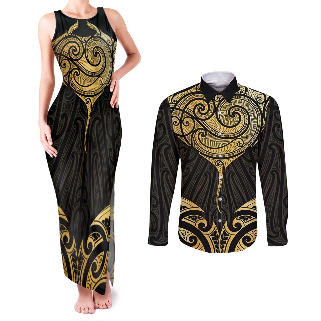Gold Black New Zealand Manta Ray Couples Matching Tank Maxi Dress and Long Sleeve Button Shirt Aotearoa Maori Haehae - Aussie Hoodie