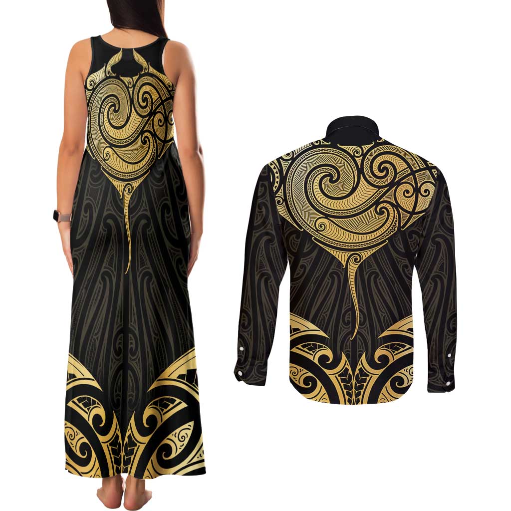 Gold Black New Zealand Manta Ray Couples Matching Tank Maxi Dress and Long Sleeve Button Shirt Aotearoa Maori Haehae - Aussie Hoodie