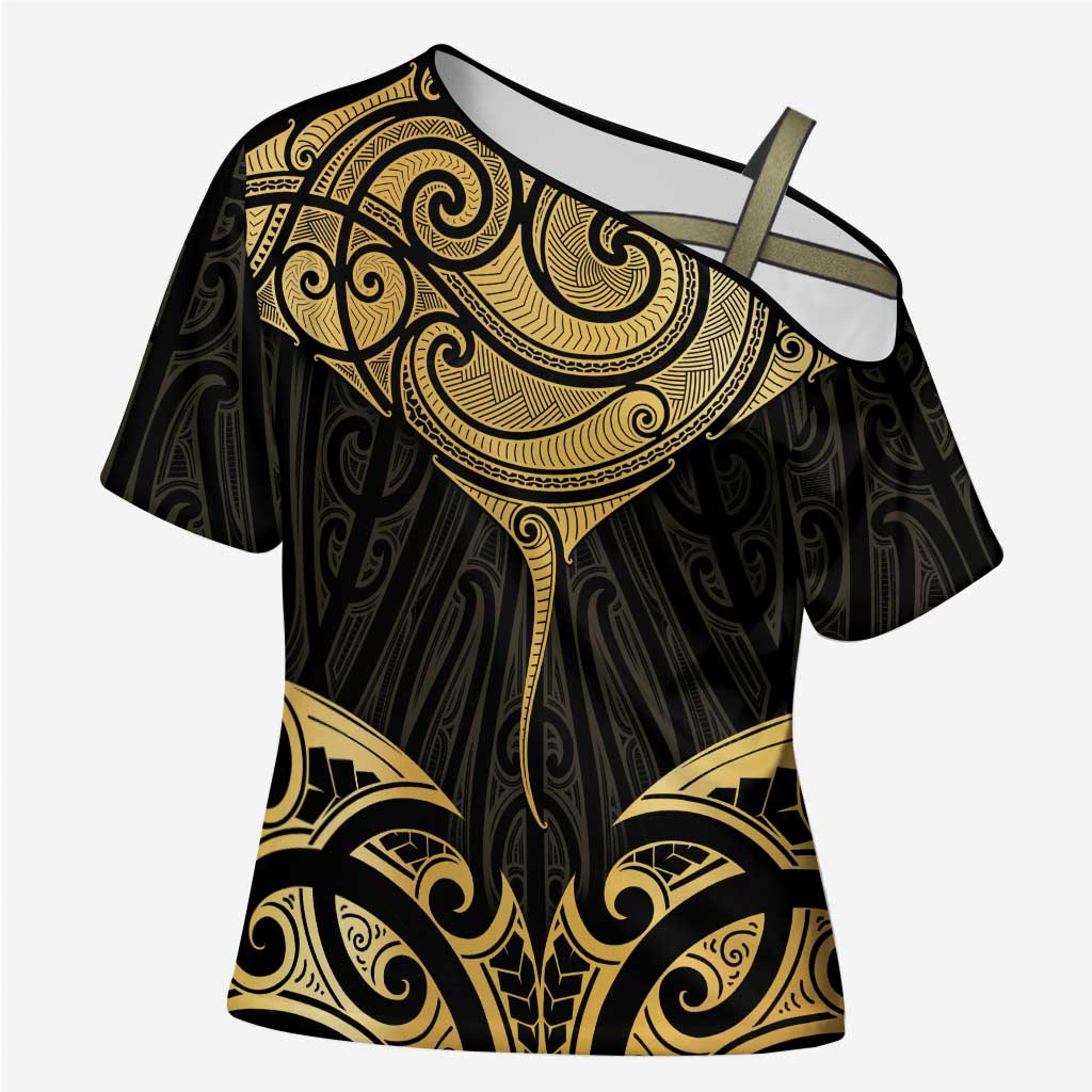 Gold Black New Zealand Manta Ray Cross Shoulder Shirt Aotearoa Maori Haehae - Aussie Hoodie