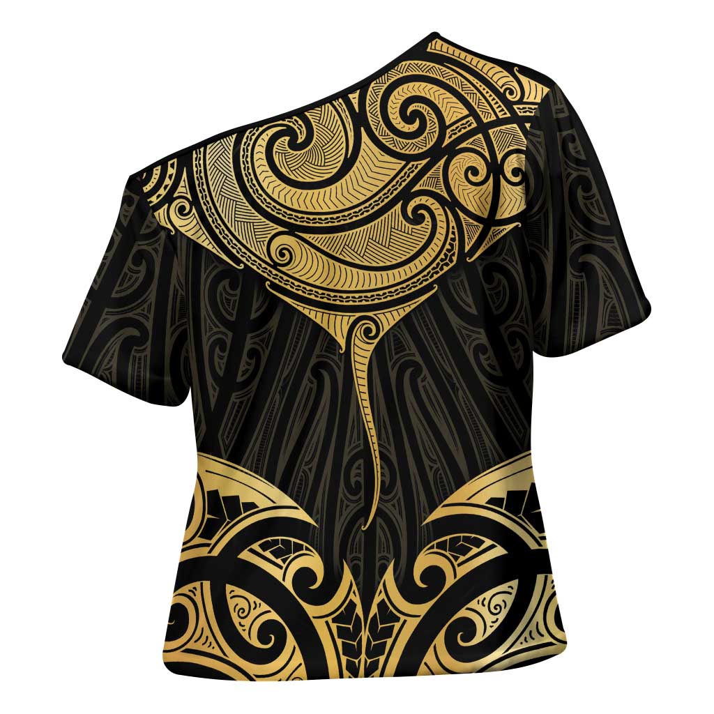 Gold Black New Zealand Manta Ray Cross Shoulder Shirt Aotearoa Maori Haehae - Aussie Hoodie