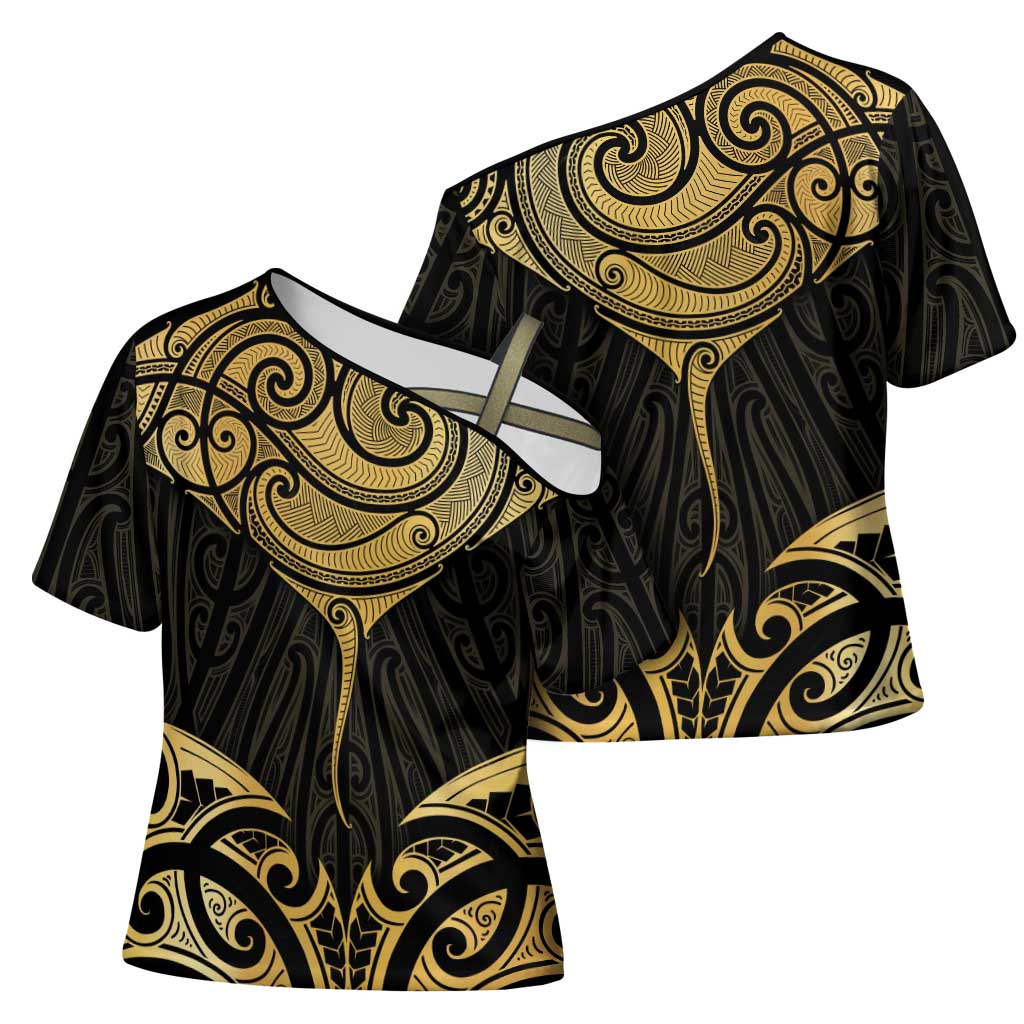 Gold Black New Zealand Manta Ray Cross Shoulder Shirt Aotearoa Maori Haehae - Aussie Hoodie