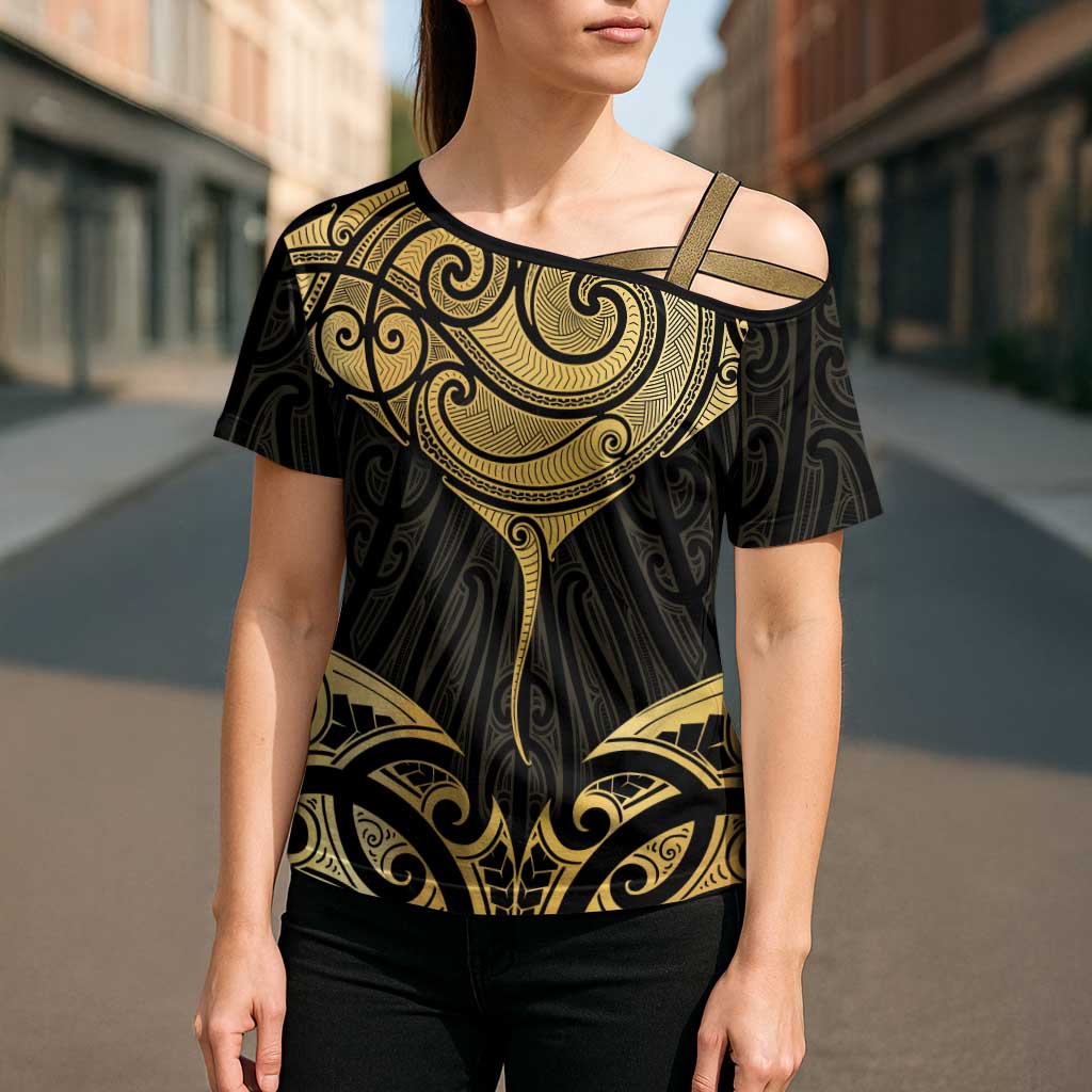 Gold Black New Zealand Manta Ray Cross Shoulder Shirt Aotearoa Maori Haehae - Aussie Hoodie