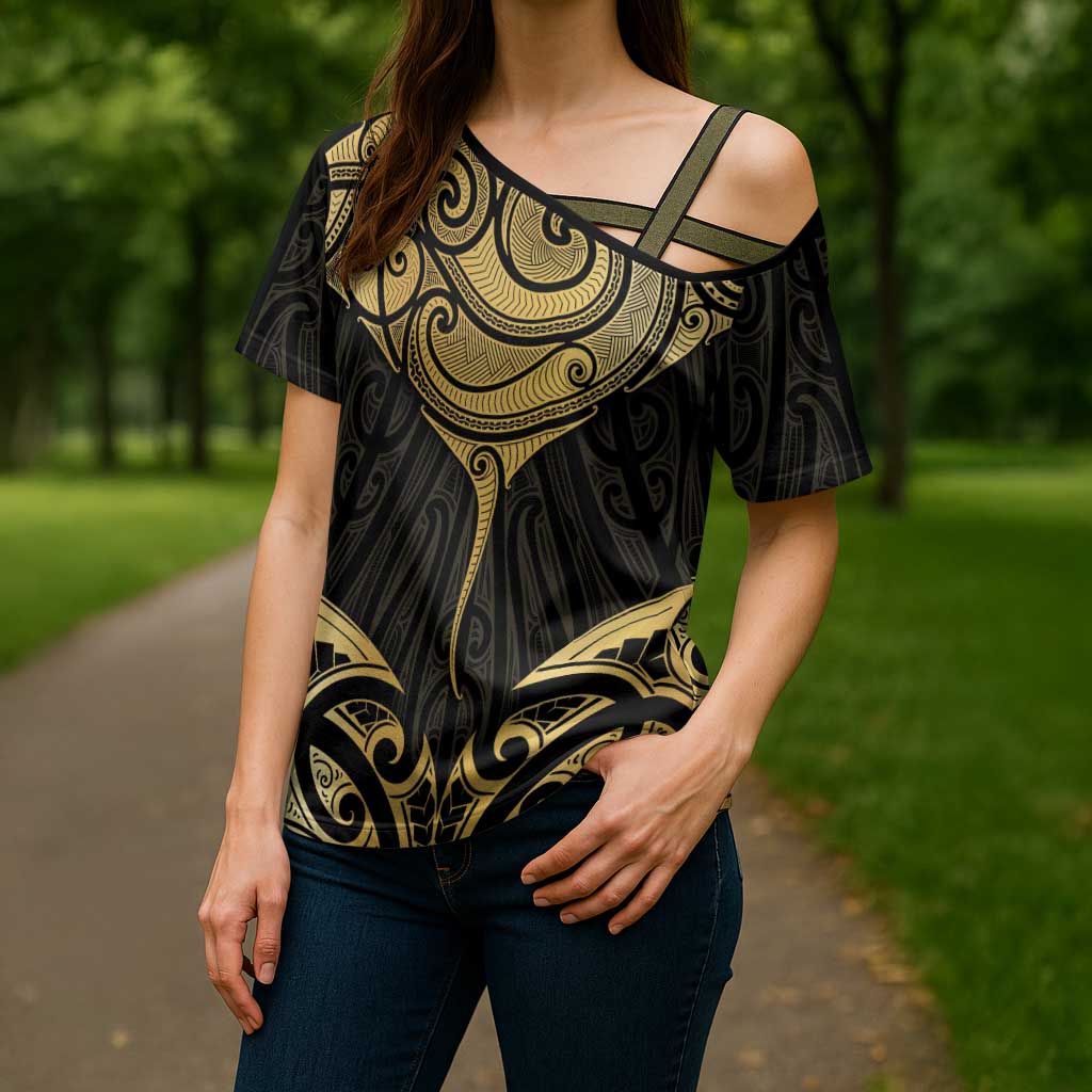 Gold Black New Zealand Manta Ray Cross Shoulder Shirt Aotearoa Maori Haehae - Aussie Hoodie