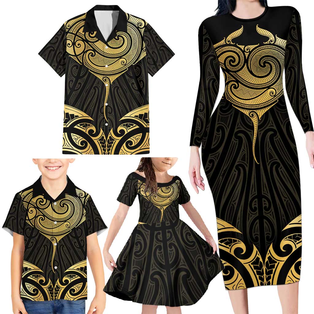 Gold Black New Zealand Manta Ray Family Matching Long Sleeve Bodycon Dress and Hawaiian Shirt Aotearoa Maori Haehae - Aussie Hoodie