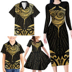 Gold Black New Zealand Manta Ray Family Matching Long Sleeve Bodycon Dress and Hawaiian Shirt Aotearoa Maori Haehae - Aussie Hoodie